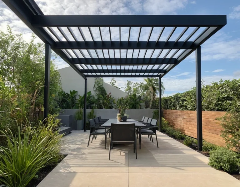 Louvred pergola over outdoor dining