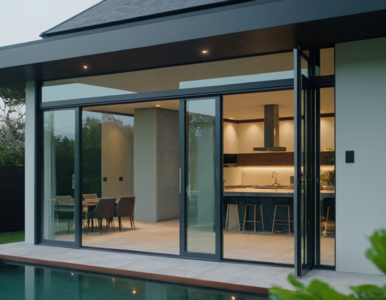Sliding glass doors to poolside kitchen