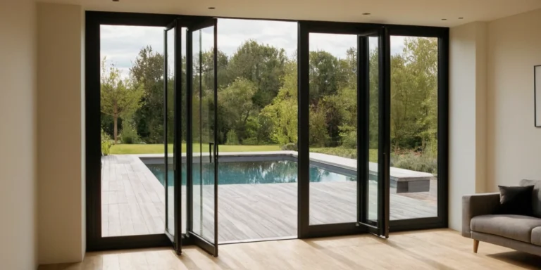Frameless folding doors to pool deck