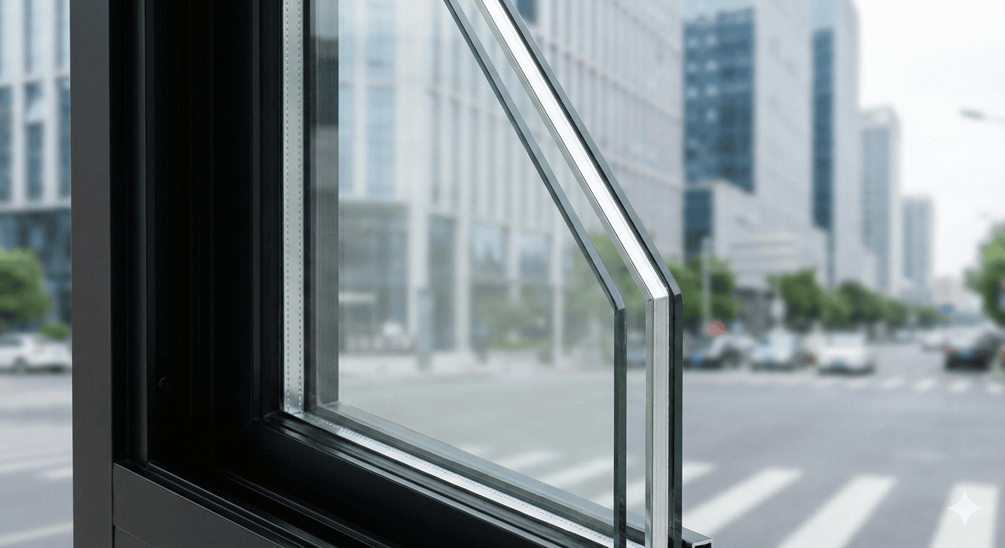 Double glazed glass unit in a dark aluminium frame